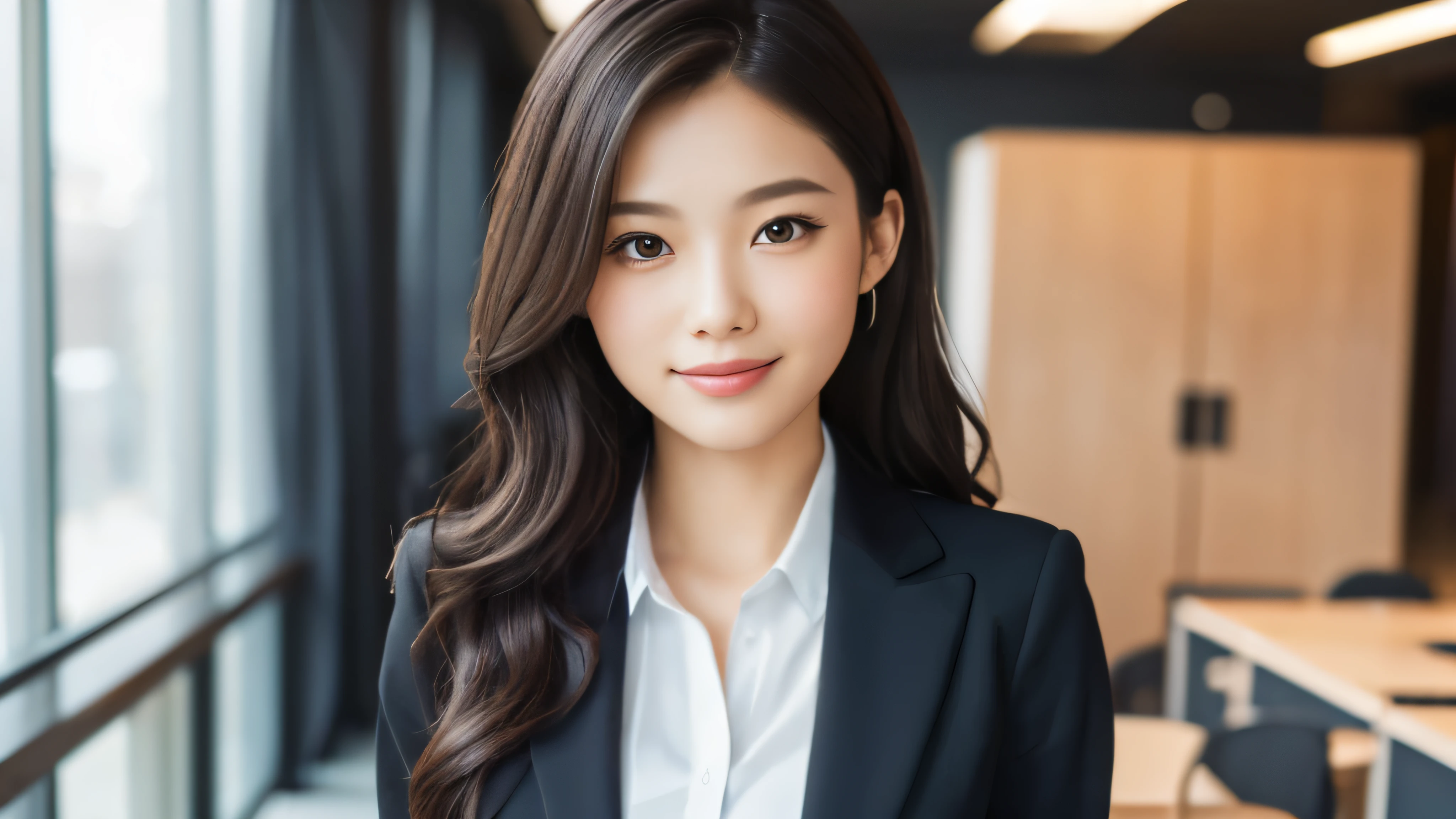 (Realistic: 1.4), (highest quality: 1.4), (Fine grain), Full body shot, ((office)), ((I'm working)), ((One young woman)), Black wavy hair, ((business suit)), Wide eyes, Blushed face, ((smile)), Highly detailed face and skin texture, Healthy Skin, 8k resolution