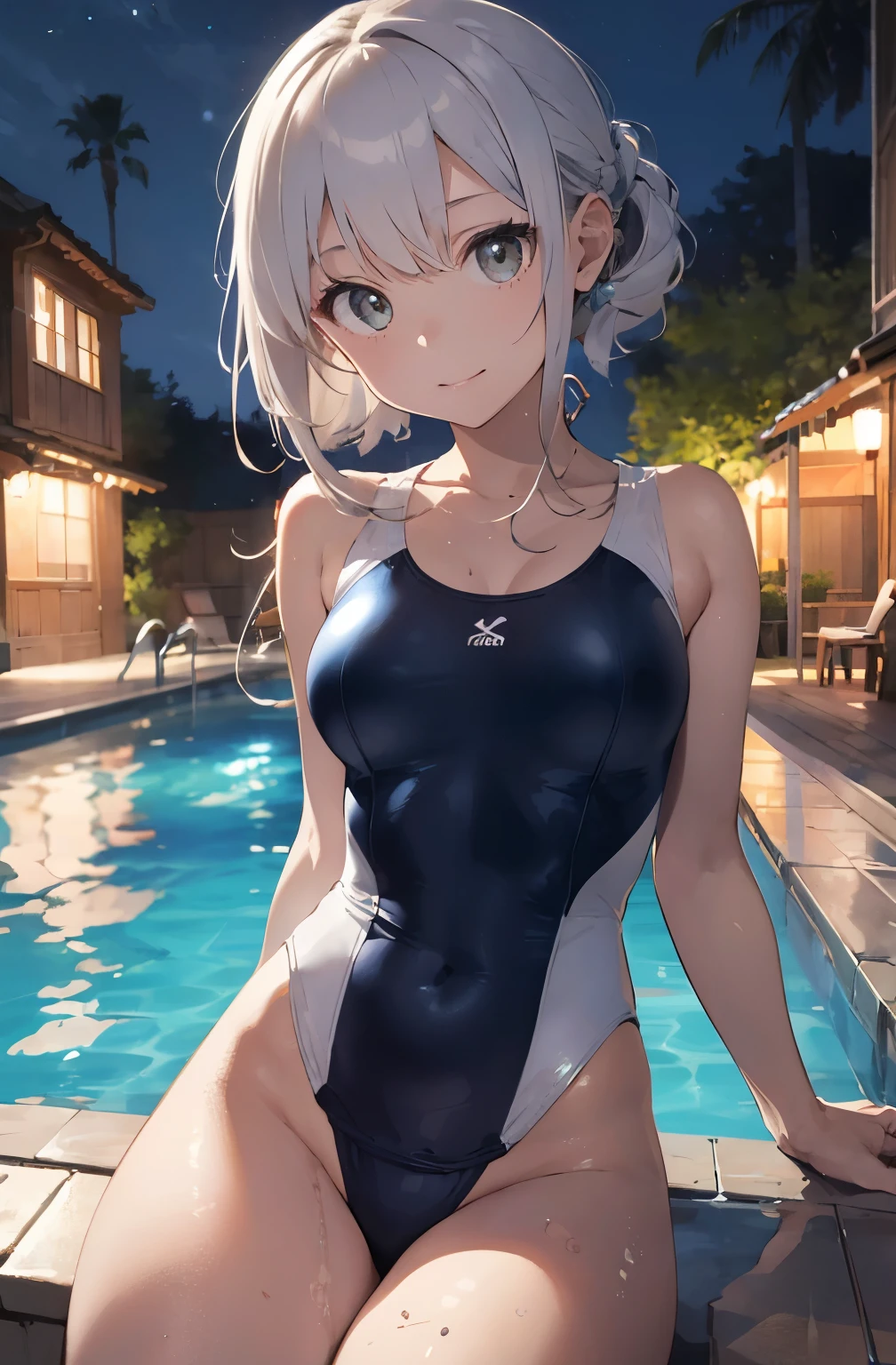 High resolution、A silver-haired girl drawn in the style of Japanese anime、A person sitting on a swim ring in an empty resort night pool々situation。She is wearing a glamorous white bikini.、White swimsuit、The pool is beautifully lit、The surroundings are quiet and relaxing.、
(Masterpiece 1.5),super high quality, Very detailed,Perfect drawing,NFSW、beautiful woman、beautiful, Glowing Skin、A kind smile、beautiful black hair、Braiding、(((beautiful白の水着)))、(((yellow White swimsuit))),3D、16K Illustrations、((Clear Face))、High resolution、Nice background、beautiful background、Spotlight、Vibrant colors、(((Detail View)))、Perfect beauty,beautiful指,beautiful手,Points First,nail,Place your arms behind your back,Wakame seaweed、Wakame seaweed、Wakame seaweed、Wakame seaweed、Wakame seaweed、Wakame seaweed、Wakame seaweed、