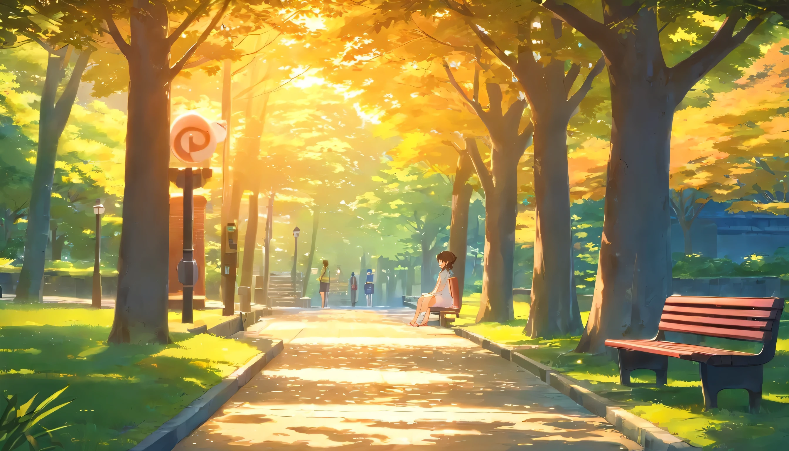 Beautiful Kyoto street under the trees shadows, sunset time, beautiful girl wearing dress sitting on the bench, grass and trees look great, although not in abundance, big screens with the adds on the both sides of the streets