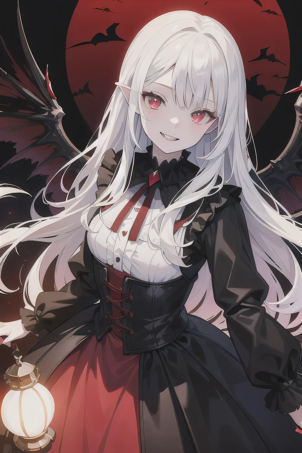 (masterpiece:1.2, Best quality),(better lighting, very gentle and beautiful),(better lighting, very gentle and beautiful), (beautiful detailed face), (finely detailed eyes and a detailed face:1.2), dark fantasy, (young girl, Small animals, 1 girl, crazy smile, pale skin, White hair, Red glowing eyes, Dynamic angle, fangs, big white wings, Bloody sky, Black and red colors, black gothic dress, grins, in different poses the girl has blood dripping from the corner of her lips