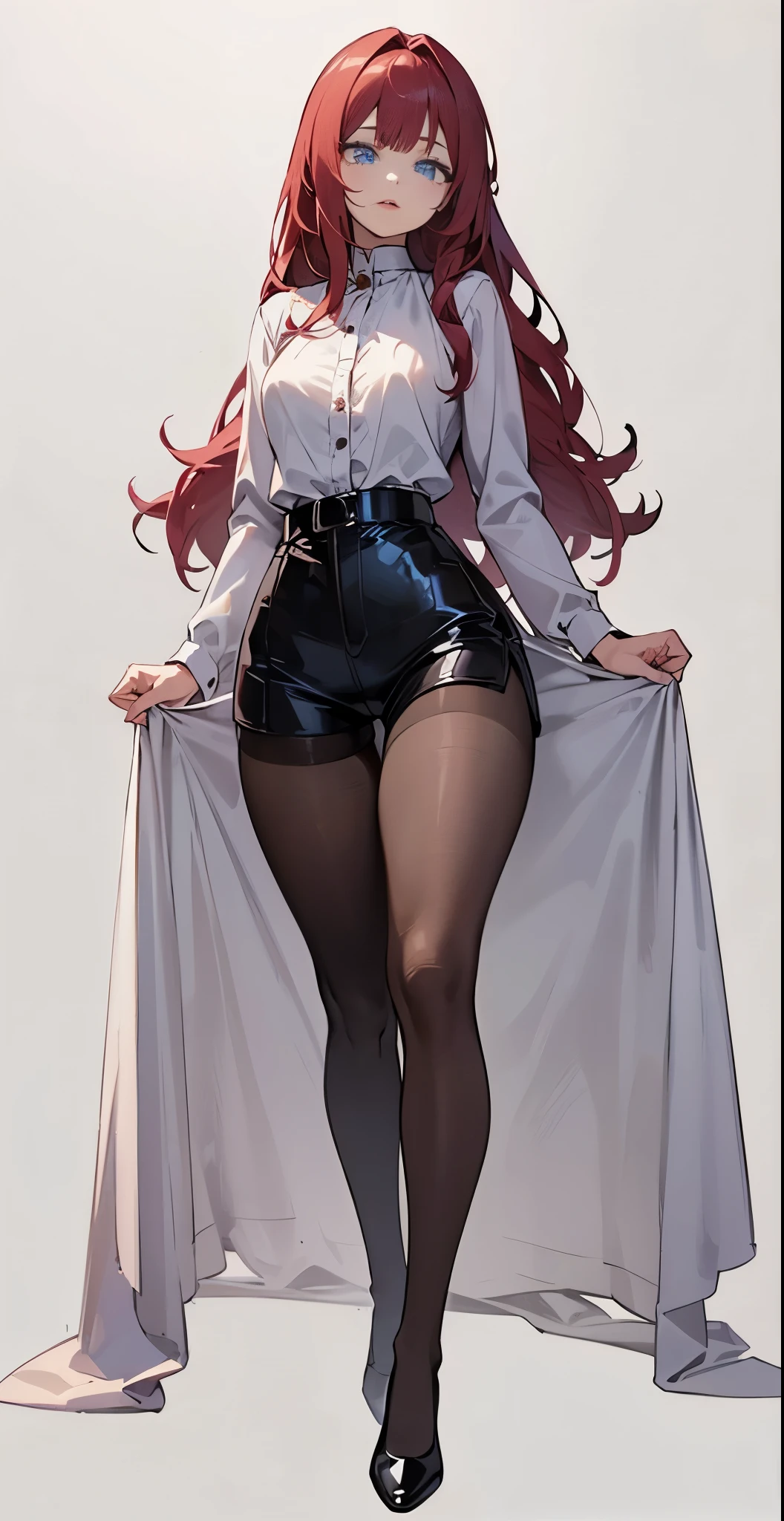 1 girl, bangs, long red hair, striking blue eyes, detailed eyes, beautiful face, black stockings, knee-highs, long hair, medium breasts, eyebrow, nose, ear, mouth, lips, reclining, standing, tights, ((women's clothing)), ((long sleeve blouse , short shorts, tight pantyhose)), thick legs, thick thighs, (white background)