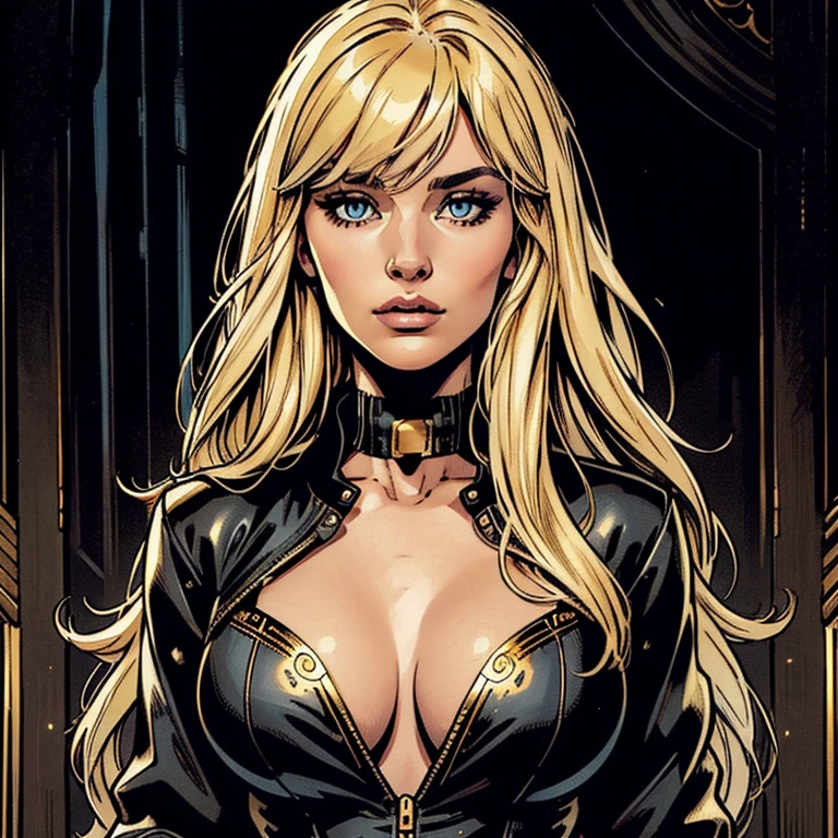 Draw a beautiful white woman, she is wearing a black jacket, she has a black collar with golden details, she has a beautiful long blonde hair with a nice long fringe, she has beautiful eyes, her face is pretty, very beutiful, she has a great fringe, high resolution, 4k, 8k, masterpiece, high detailed, american comic book style image