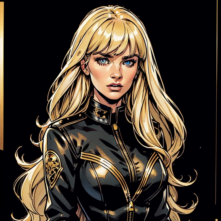 Draw a beautiful white woman, she is wearing a black jacket, she has a black collar with golden details, she has a beautiful long blonde hair with a nice long fringe, she has beautiful eyes, her face is pretty, very beutiful, she has a great fringe, high resolution, 4k, 8k, masterpiece, high detailed, american comic book style image