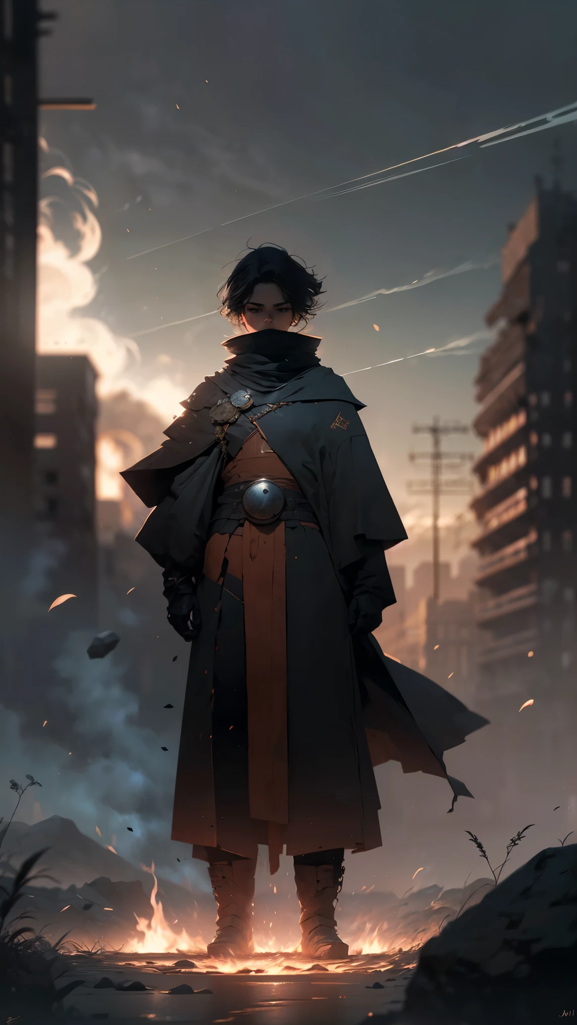 ((best quality)), ((masterpiece: 1.2)), (extremely detailed: 1.1), (8k, high quality, cinematic, hyper-realistic, illustration), (autodesk maya, octane render, unreal engine, game character , tracing ray, hdr), (16mm focal length, f/4 aperture, dynamic perspective, deep depth of field), (1 boy, dynamic angle, casting pose.fire knight, short hair that shines like plasma, steel weave clothing, lava gloves, heavy boots, underlying burning chest, desert tundra, crumbling stone sculptures around you), 3d, realistic, CG, 3D model, beautiful, elegant, safe (hdri, bloom, edge lighting , soft lighting, discreet). , zhongfenghua, badass\(armor\) mage robe, alo of blue flames, mage_glam, caftan