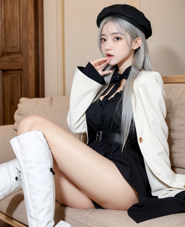 tmasterpiece, Best quality at best, ahoge, Hair over the shoulder, long white hair, blush of nose, Gothic_ta, beret, hand_To_Mouth,thigh boots,Absolute realm,upper legs,thigh boots,full bodyesbian,Correct legs