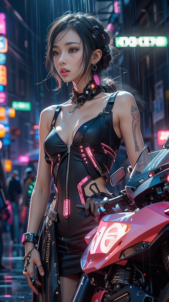 (Realistic:1.3, 16k, highest quality, masterpiece, Ultra-high resolution), ((light rain, From below)), Perfect dynamic composition:1.2, (Modern futuristic city at night, Expressions of sadness:0.5, motorcycleを運転する), Highly detailed skin and facial textures:1.2, Young Japanese Woman, Incredibly slim body, Fair skin, Sexy beauty, Very beautiful face, beautifully、aesthetic, (Pink tight skirt, Wear cyberpunk clothes), (Shapely breasts, Chest gap), (Big eyes that exude beautiful eroticism, Lips that exude beautiful eroticism), necklace, Earrings, bracelet, wedding ring, Shoulder bag, clock, sunglasses, motorcycle, Cowboy Shot