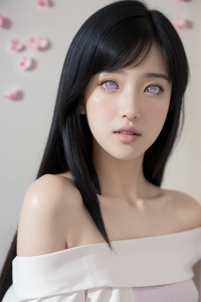 masterpiece, best quality, 1girl, looking at viewer, hinata\(shippuden\), parted lips, wind lift, bottomless, purple fabric kebaya,blonde hair, long hair, white eyes, solid eyes, big breast masterpiece, absurdres, hinata\(boruto\), 1girl, solo,mature female, off-shoulder oversized shirt, looking at viewer, (falling petals), perfect composition, detailed lips, big breast, beautiful face, body propotion, blush, (pink lips), long hair,  purple eyes,  soft gaze,  super realistic, detailed, photoshoot, realistic face and body, back view