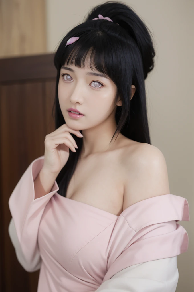 masterpiece, best quality, 1girl, looking at viewer, hinata\(shippuden\), parted lips, wind lift, bottomless, purple fabric kebaya,blonde hair, long hair, white eyes, solid eyes, big breast masterpiece, absurdres, hinata\(boruto\), 1girl, solo,mature female, off-shoulder oversized shirt, looking at viewer, (falling petals), perfect composition, detailed lips, big breast, beautiful face, body propotion, blush, (pink lips), long hair, purple eyes, soft gaze, super realistic, detailed, photoshoot, realistic face and body, back view