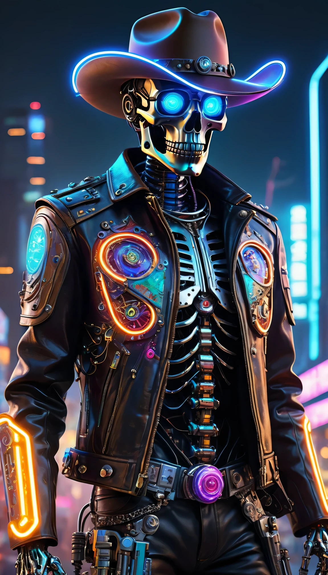 Skeleton Robot Sheriff,metalictexture,wearing a cowboy hat+cockade+neon light edge,Wearing a leather jacket and cowboy boots,retro futuristic style,One with cyberpunk-style mechanized body parts stands out. His transparent skin reveals circuits and cables, His eyes glow with colorful LEDs. The limbs are a mixture of flesh and metal, Featuring advanced prosthetic and cybernetic interfaces. nighttime scene,Vibrant colors,electric sparks,Dystopian cityscape,Network enhancement,Mixed reality。(Best quality,4K,8K,A high resolution,tmasterpiece:1.2),ultra - detailed,(actual,photoactual,photo-actual:1.37)
