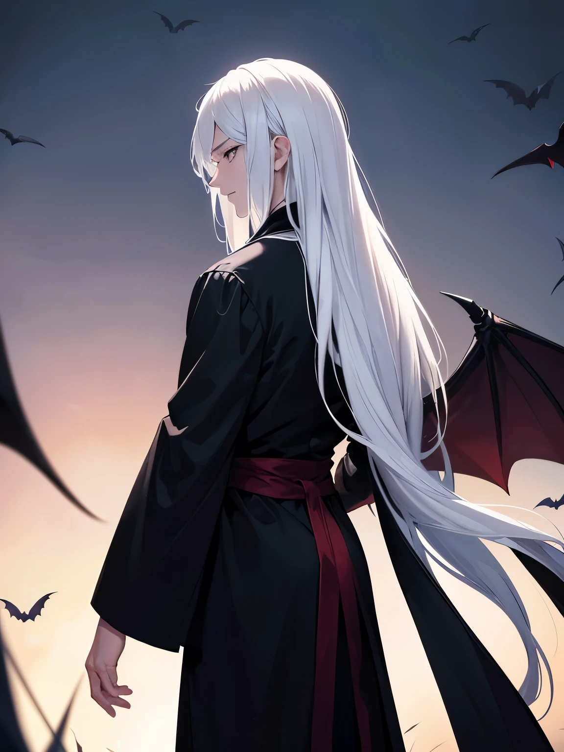 1 man,guy, handsome,30 years old,Standing,Facing backwards, photo from behind, camera angle from behind, looking away,at night,vampire king, white hair, long hair, black shirt, black pants, long robe,white bat wings,ultra detail, perfect face, clear face, HD face,Ultra detailed face,half body photo