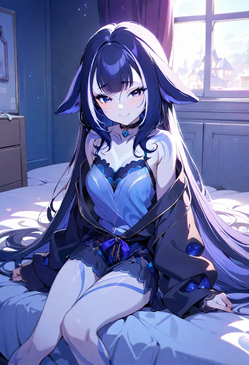 (shylily/(Twich/):1.5),(masterpiece:1.2),(best quality:1.2),, (1girl:1.3),1 girl, long hair, heart shaped eyes, {night、Bedroom、bed、pajamas}, (smile) , mole under eye, heart shaped choker, (masterpiece, highest quality), very detailed, highest quality, official art, beautiful and aesthetic), (1 girl), very detailed, (geometry art: 1.3), colorful, most detailed,long hair, Eye of the symbol, gothic costume,