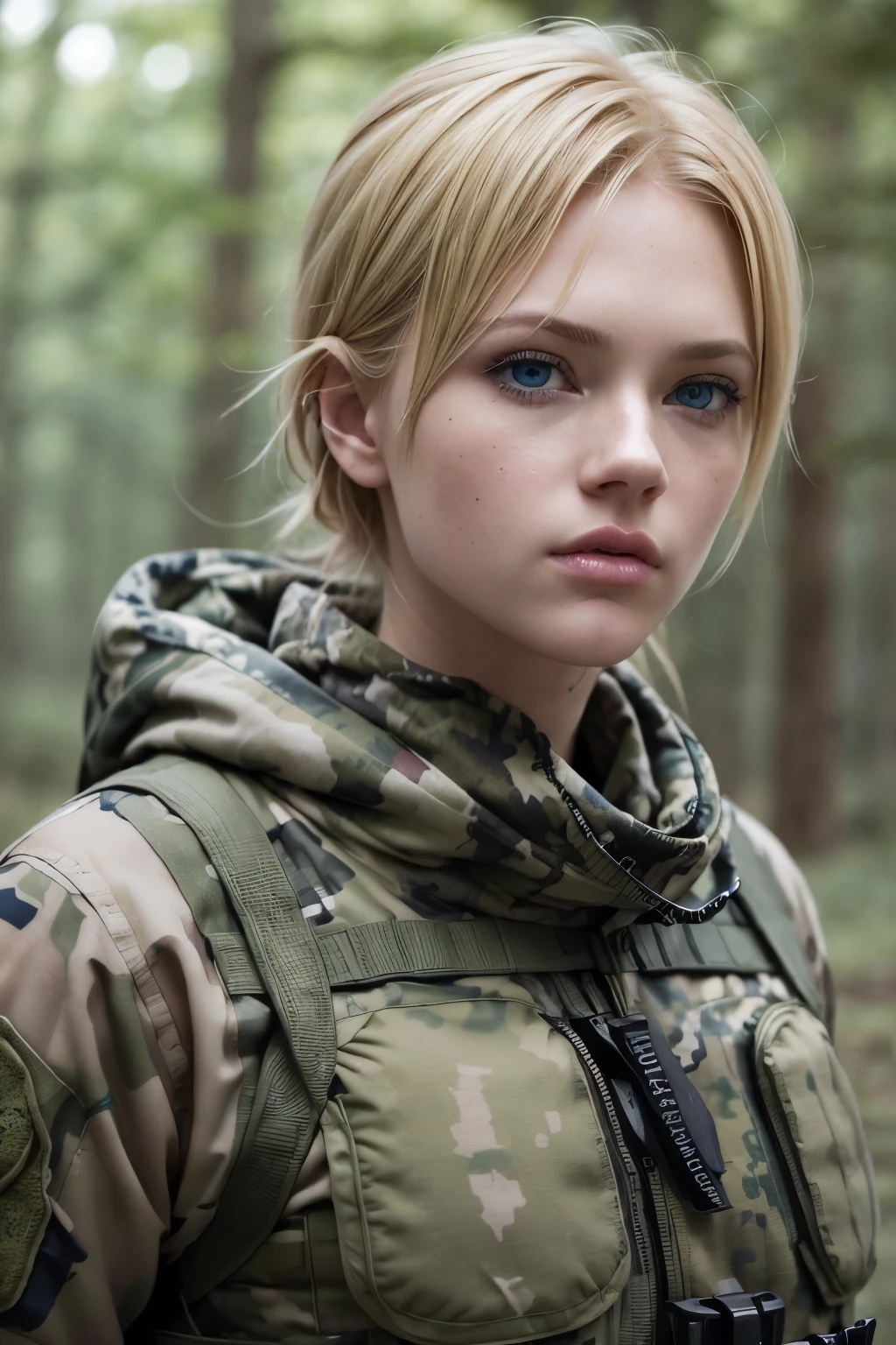 ((AlexiaThompson01R face)). beautiful. perfect, ((blonde hair, hair falling over one eye, emo bangs)), (blue eyes. Vibrant blue eyes). perfect skin, white skin. thin nose, thin chin. whole body. (military attire, camouflage, tactical clothing)(forest) dirty body.