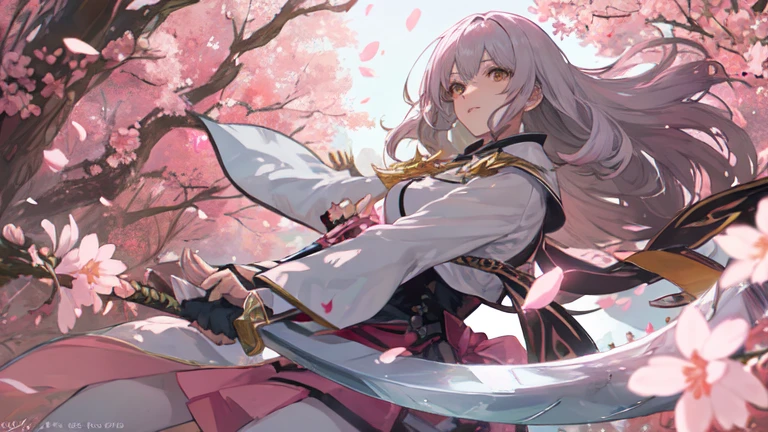 22-year-old female, Pink long hair, Brown eyes, Thin, Large target , swordsman, Western-style silver-white lightweight clothing, Pink Sword, scabbard, Make it like tarot anime style but without the frame, Eyes very firm, pink energy, Cherry blossom petals, Pink leaves unfold