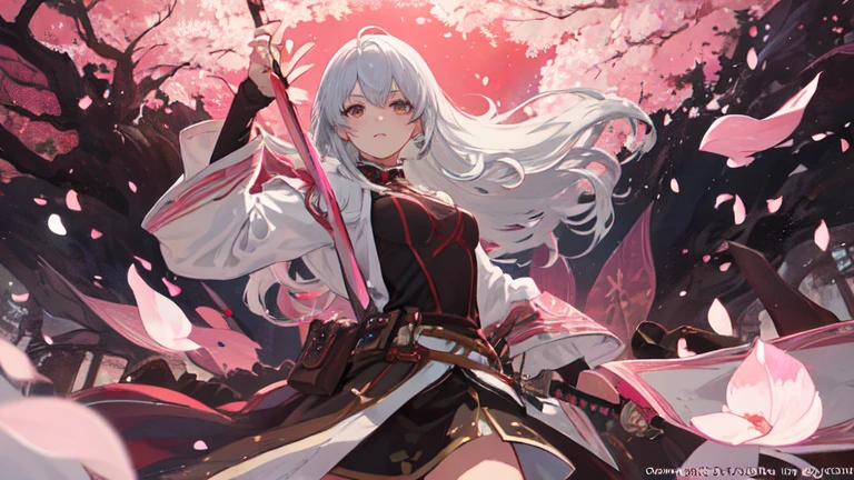 22-year-old female, Pink long hair, Brown eyes, Thin, Large target , swordsman, Western-style silver-white lightweight clothing, Pink Sword, scabbard, Make it like tarot anime style but without the frame, Eyes very firm, pink energy, Cherry blossom petals, Pink leaves unfold