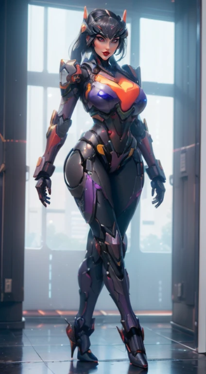 (1 Girl, Solitary:2), (Super detailed face), (Neon Peony Head:1), (Big Ass, Huge fake breasts:1.5), (cleavage top:1.5), (Muscle Abs:1.3), (Mecha Guard Arm:1.4), ((Red, NEON PURPLE MECHA OVERWATCH ARMORed GEAR, Black Mecha Skinny Suit Pants, Mech Guard Legs, High heel:1.5)), (Busty muscular female body:1.3), (glowing skin:0.8), (Sexy long legs, whole body:1.3), (Looking at the audience:1.3), (Female focus:0.886), (Walking the corridors of the future space station:1), (bright white room:1.3), Super texture, Unreal Engine Rendering, Physically Based Rendering, Ultra HD, 16K, 1080p.