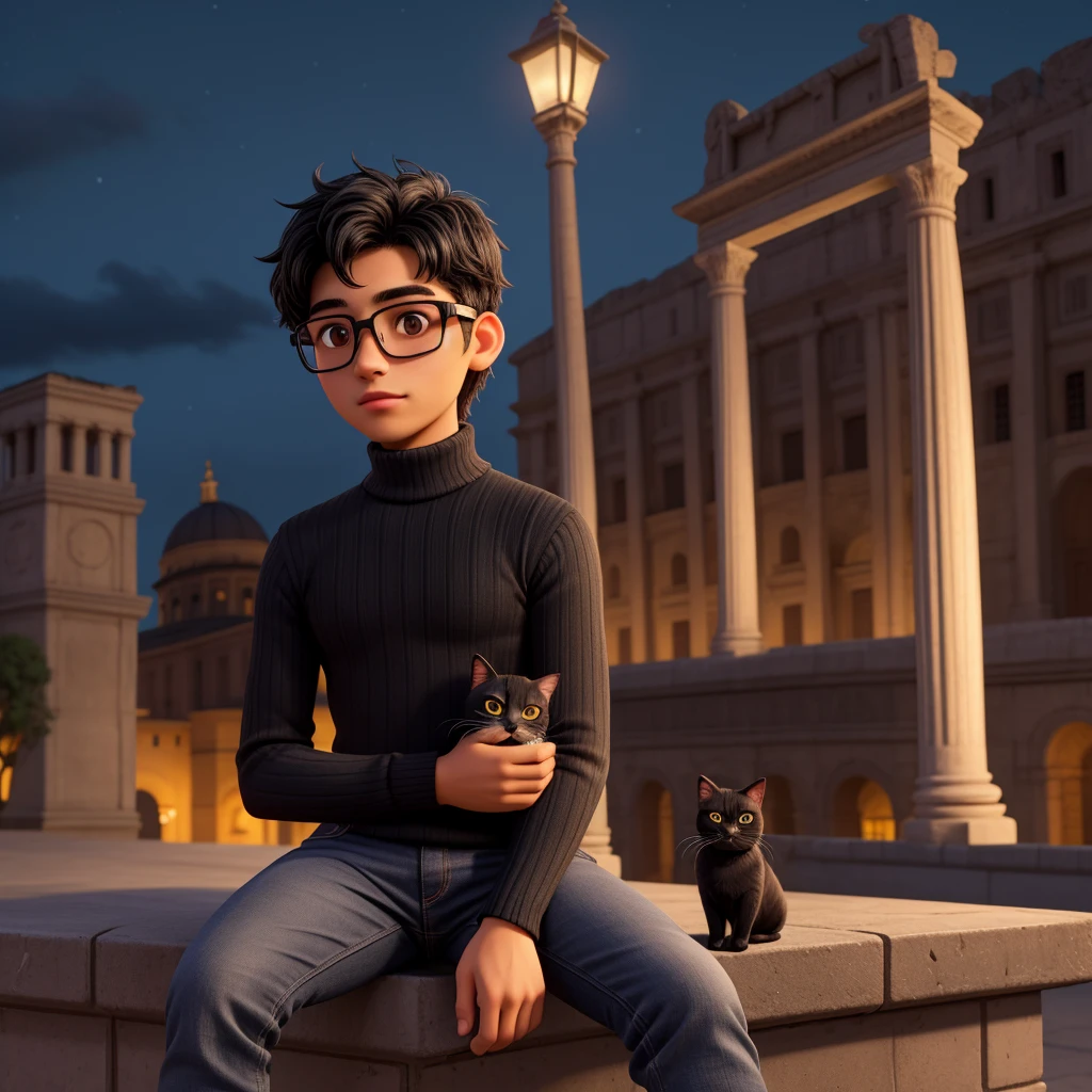 A young peruvian man of 20 years old, with black disheveled hair, lentes cuadrados, cute square face, boxy face, and brown eyes, wearing black turtleneck, black jeans. He is sitting alone holding a small cute black cat at night with the Roman Coliseum in the background. 3d cartoon