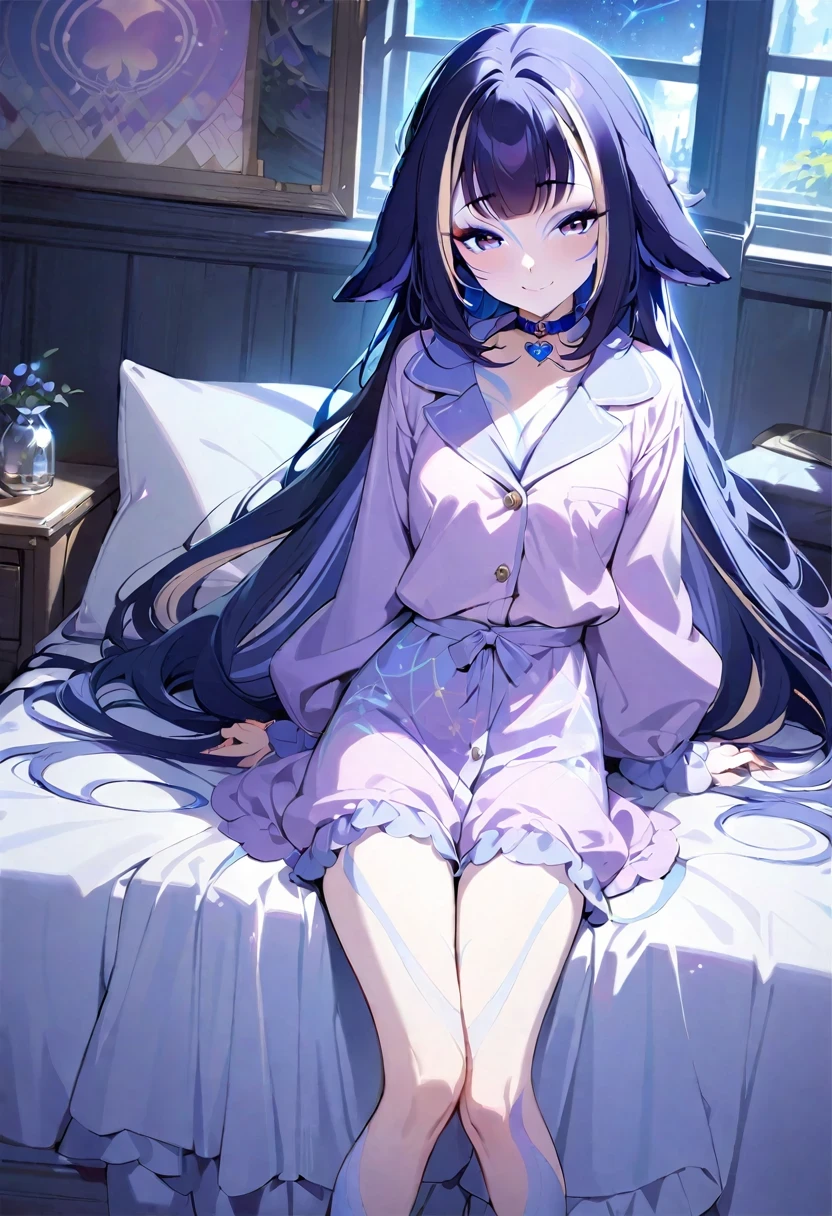 Cute underwear、Embarrassed、Light purple hair、Semi-long hair、White bra、White panties、On the bed、Blushing、