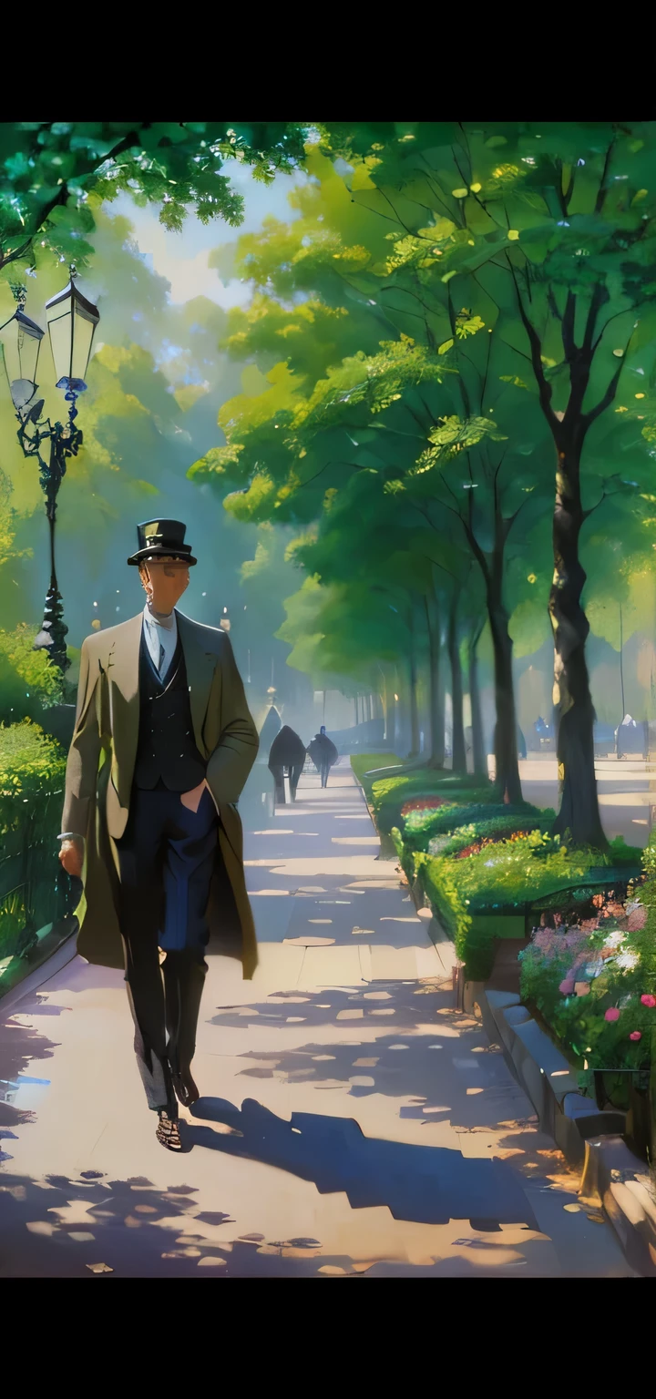 painting of a man walking down a path in a park, inspired by Jean Béraud, by Jean Béraud, inspired by Art Frahm, inspired by Edmond Xavier Kapp, inspired by Paul Gustave Fischer, inspired by Albert Henry Krehbiel, 