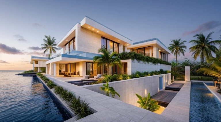 modern luxury villa, coconut trees, greenery landscape, along the white beach, clear sky, day time, warm lighting RAW Photo, RAW texture, Super Realistic, 32K UHD, DSLR, soft lighting, high quality, film rating, Fujifilm XT3 