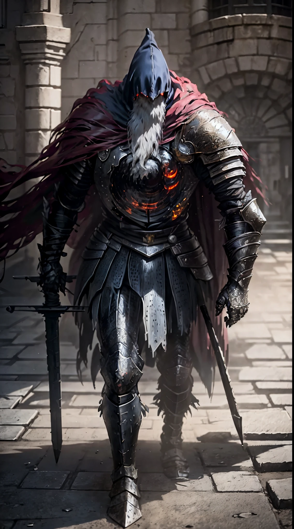 anime character with sword standing in front of a building, fallen knight, from arknights, gothic knight, evil knight, the style of wlop, fantasy knight, knight, royal emperor, dark souls knight, off-white plated armor, wearing heavy armor with cape, black heavy armor with gold trim, smooth anime cg art, artorias, glowing sword