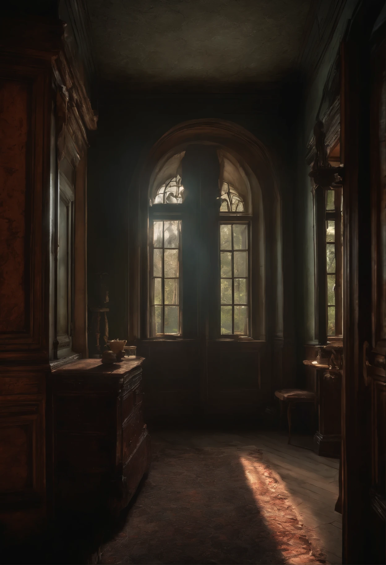 (a haunted mansion), blood, broken walls, scary, macabre, disturbingly realistic, ultra-detailed, horror, vivid colors, terrifying atmosphere, dark shadows, eerie lighting, (best quality, 4k, 8k, high resolution, masterpiece : 1.2), ultra-detailed, (realistic, photorealistic, photorealistic: 1.37), landscape, cobwebs, broken windows, antique furniture, mysterious figures, haunting portraits, long-forgotten secrets, whispering winds, shadowy corridors, hidden passages , , decaying, nightmarish reflections, ethereal mist, echoing footsteps, ominous presence, terrible tales, abandoned whispers