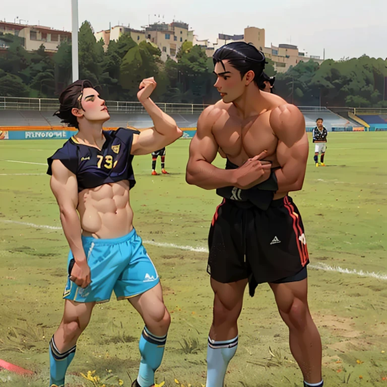 there are two men standing on a soccer field with one of them showing off his muscles, making of, on the field, alessio albi and shin jeongho, john picacio and brom, cam de leon, posing for a fight, lucas graziano, roberto ferri and ruan jia, daniel mirante, posing for battle