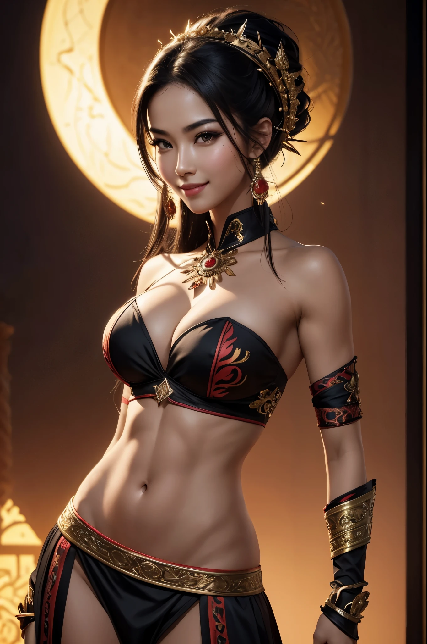 8k,exotic attractive woman,so beautiful(Like the real thing),Black and red national costume,Beautiful expression,smile,masterpiece,Photorealistic RAW photos of the highest quality。Bright colors,Rich colors, Backlight, Cinema Lighting, Film Grain, to be born, 50mm lens, Nikon D850,Ultra-Realistic Skin,Fantasy art,Character Art,Ultra-high resolution,Realistic scale skins,Perfect hand shape,View your viewers,smile,Beautiful expression,close,Muscular and slim body,compensate,sexy,Dynamic pose,close,Accentuate your cleavage,whole body,Sunburned skin,Tropical Beauty,
