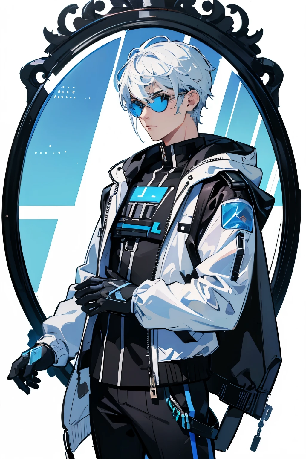 Masterpiece, Highest quality, Detailed,Nebula, 4k, Mechanical,Mecha, Cyberpunk,Darkness, (Mechanical structure:1.2),TRPG, (1 male), android, machine, (((a pistol))), robot, sci-fi, large, white clothing, silent, inorganic, human face, cycling eyewear, (((mirror lenses))), half-body, HD face, a men who is twenty-five years old, (((white background))), xenosaga, KOS-MOS, muscular