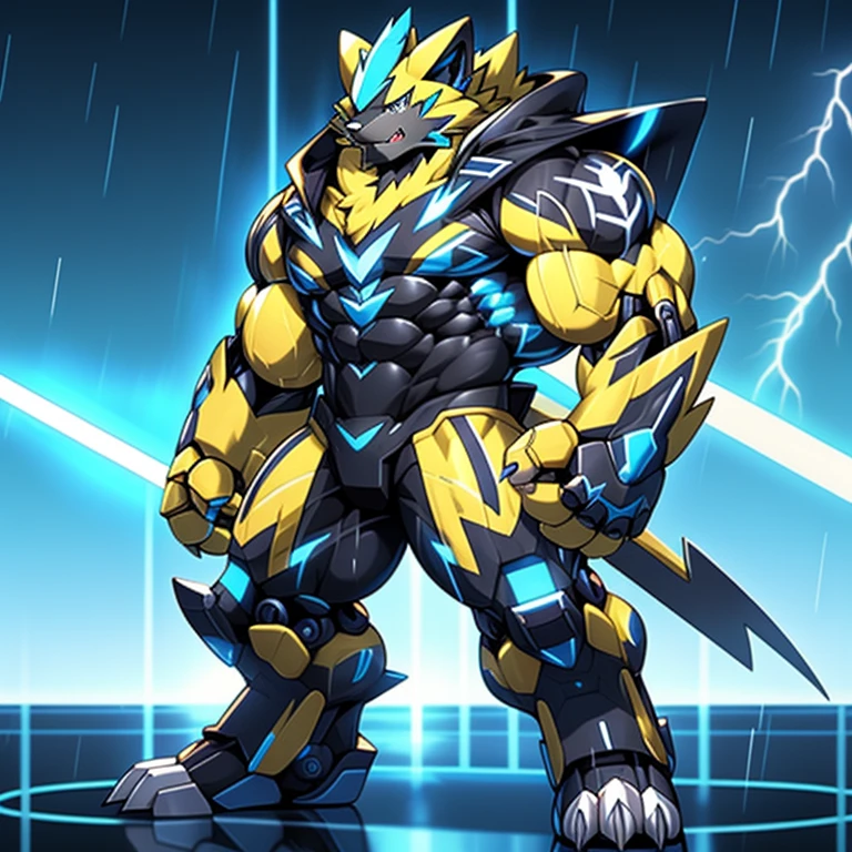 (masterpiece, best quality, detailed:1.2) (Pokémon) wears a black cloak on his back, detailed full body, Zeraora's giant robot. Gigantic ZERAORA, Protecting Zeraora's design and color scheme. Robotic suit, the whole body is covered in armor, whole body shines like metal. Wearing cyberpunk mecha, emphasizes the muscles. He wears the same armor as himself from head to foot. (emphasizes the muscles.) suit fully made of metal, intricate armor, Robotic suit, suit fully made of metal, cyborg, big muscle. pecs, triceps, body full of huge muscles. unusually developed muscular body, A Zeraora at the bodybuilding competition, massive, huge muscular bodybuilder with extraordinary biceps, pecs, triceps, traps, gigachad, 300 lbs. The claws are sharp, Sharp teeth, with huge golden laser sword, thunderstorm, rainy weather, lightning,