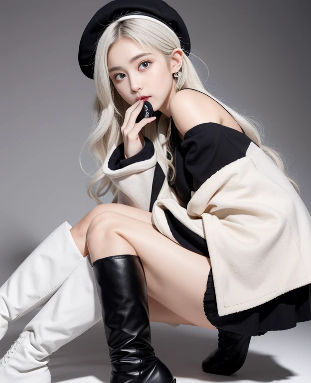 tmasterpiece, Best quality at best, ahoge, Hair over the shoulder, long white hair, blush of nose, Gothic_Lolita, beret, hand_To_Mouth,thigh boots,Absolute realm,upper legs,thigh boots,full bodyesbian,Correct legs