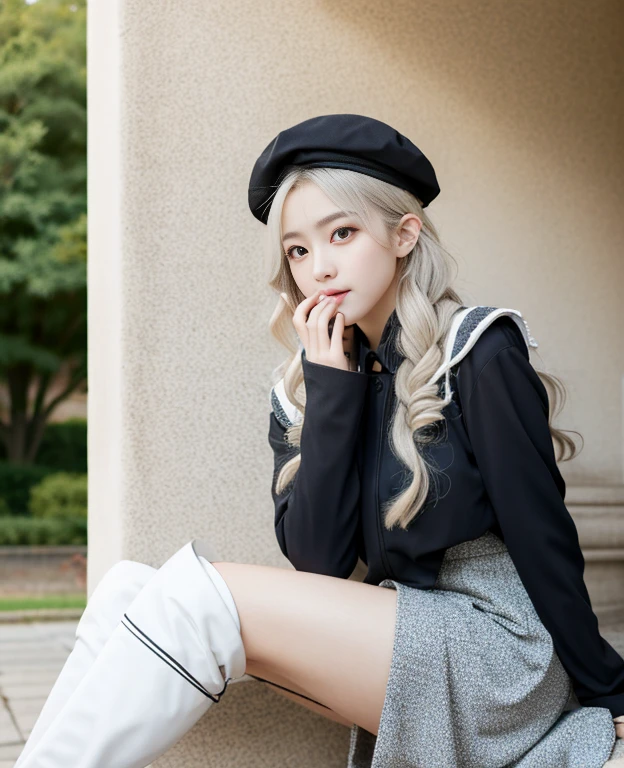 tmasterpiece, Best quality at best, ahoge, Hair over the shoulder, long white hair, blush of nose, Gothic_Lolita, beret, hand_To_Mouth,thigh boots,Absolute realm,upper legs,thigh boots,full bodyesbian,Correct legs