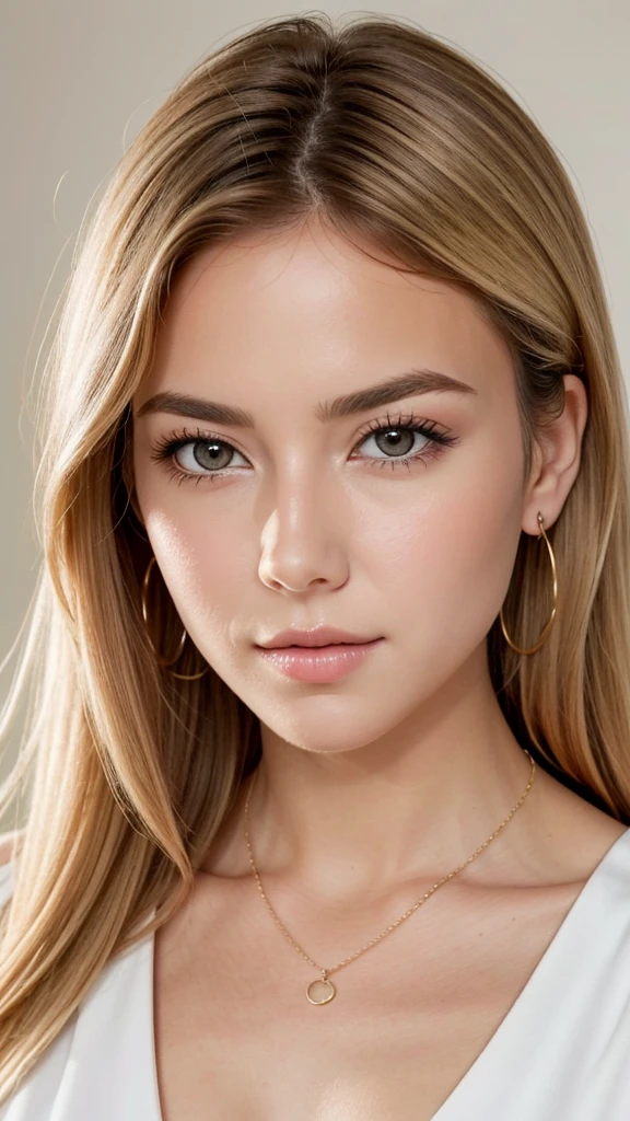 1 25 years old beautiful woman with casual cute hairstyle posing for a portrait, Real raw photo with super detailed details, (Beautiful smooth glossy bright blonde hair woman), A very beautiful bright blonde woman, She is blushing and making a kissy face with love, Her face is turned upwards, (Well-cared for beautiful bright blonde hair), 16K Ultra Realistic Portrait, Photograph from the front of her, Camera angle of view from above, She is slim figure top model and famous movie actress, (She has a very fine smooth and white skin), Breast enhancement, ((((1 European blonde woman)))), (The bright blonde eyebrows are raised and furrowed), She has bittersweet feeling, Super thinly opened eyes are moist and droopy, Form a gentle curve from cheek to chin, She is looking up at the camera from below, Her thick plump and shiny big lips are half-opened, Close-up photo of face, A person in the center left and right:1.0, The whole head is shown, She is wearing light colored blouse and simple earrings and a simple necklace, Perfect makeup, Professional lighting like movies in her bedroom