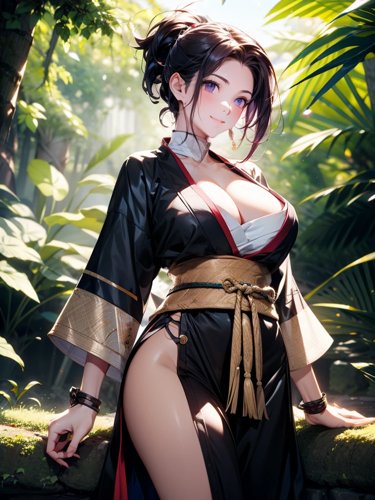 full body picture, glamour shot, {{{masterpiece}}}, {{{best quality}}}, {{ultra-detailed}}, {cinematic lighting}, {illustration}, {beautifuly detailed eyes}, {1girl}, extremely detailed, 1girl, solo, flirtatious pose, A beautiful shinobi warrior, purple hair in a long ponytail, wearing gold and blue clothing, warrior, playful smile, purple eyes, huge breasts, cleavage, hourglass figure, facing viewer, outdoors, woodland background, highly detailed face and clothing, slightly narrow eyes, perfect face, fair skin, hair bangs, long hair, noble beautiful, traditional Japanese clothing, shinobi woman, dynamic camera angle, from below, full body, whole body
