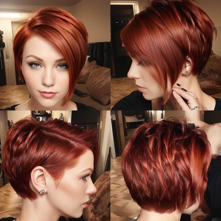a close up of a woman with a red haircut and a black top, red short hair, short red hair, copper short hair, short copper hair, asymmetrical haircut, brown short hair, red hair and attractive features, short hair cut, short bob hair, dark red color, short haircut, natural short hair, reddish - brown, short brown hair, short hair