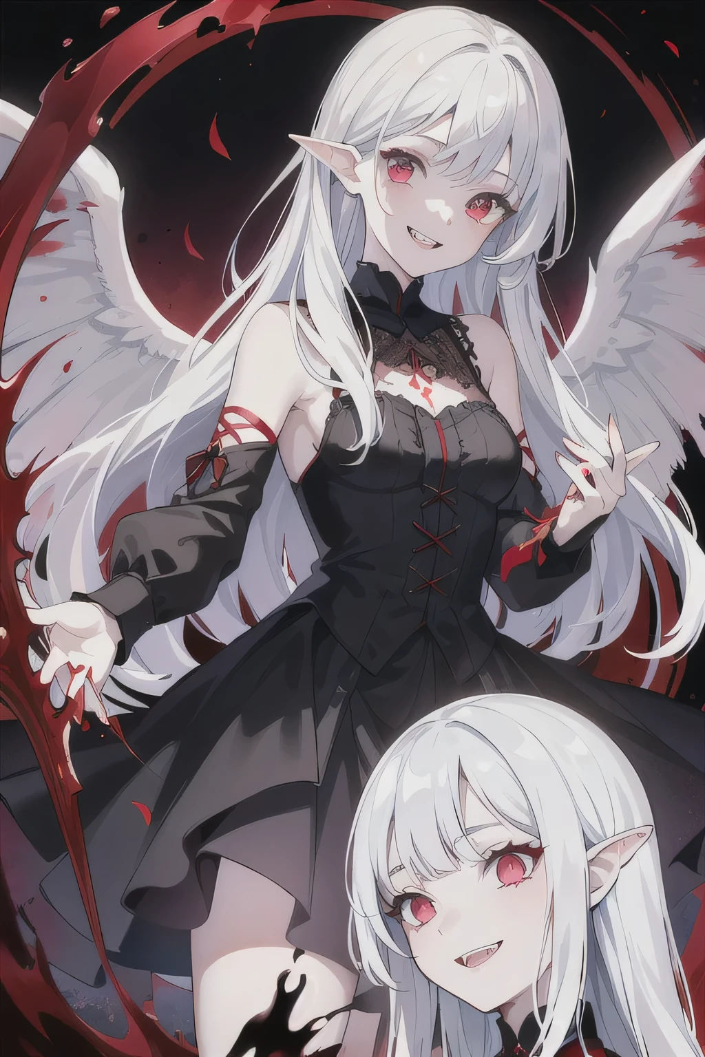 (masterpiece:1.2, Best quality),(better lighting, very gentle and beautiful),(better lighting, very gentle and beautiful), (beautiful detailed face), (finely detailed eyes and a detailed face:1.2), dark fantasy, (young girl, Small animals, 1 girl, crazy smile, pale skin, White hair, Red glowing eyes, Dynamic angle, fangs, big white wings, Bloody sky, Black and red colors, black gothic dress, grins, in different poses the girl has blood dripping from the corner of her lips