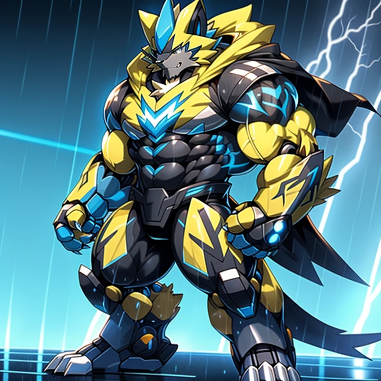 (masterpiece, best quality, detailed:1.2)
(Pokémon)
detailed full body,
Zeraora's giant robot.
Gigantic ZERAORA,
Protecting Zeraora's design and color scheme.
Robotic suit,
the whole body is covered in armor,
whole body shines like metal.
Wearing cyberpunk mecha, emphasizes the muscles.
He wears the same armor as himself from head to foot. (emphasizes the muscles.)
suit fully made of metal,
intricate armor, Robotic suit, suit fully made of metal, cyborg,
big muscle.
pecs, triceps,
body full of huge muscles.
unusually developed muscular body,
A Zeraora at the bodybuilding competition,
massive,
huge muscular bodybuilder with extraordinary biceps, pecs, triceps, traps, gigachad, 300 lbs.
The claws are sharp, Sharp teeth,
with huge golden laser sword,
thunderstorm,
rainy weather,
lightning,
The cloak is so long that it touches the ground,
wears a black cloak on his back.