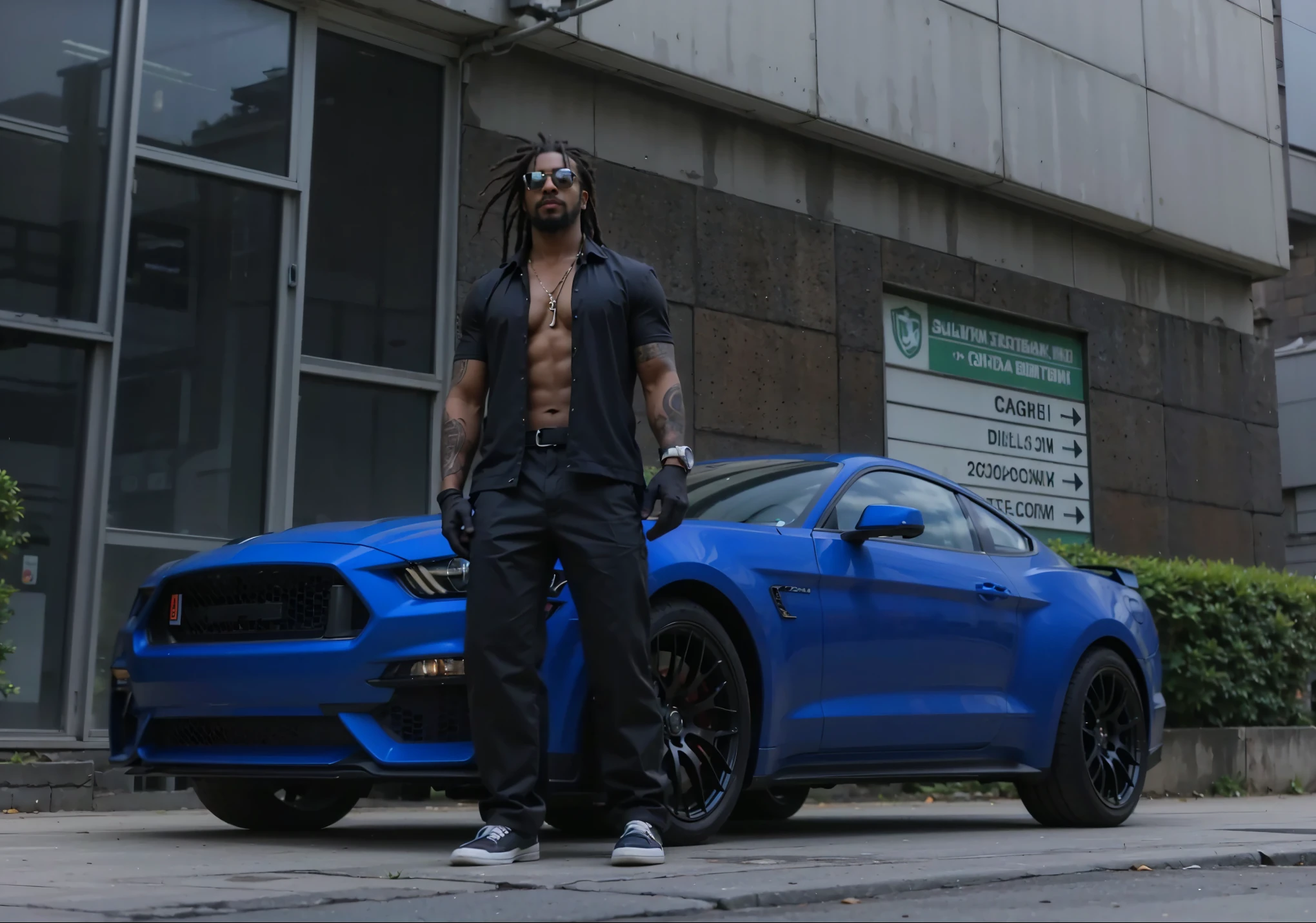black male, open vest, blue mustang shelby in background, modern building, cloudy, dreads and short beard and sun glasses, wet street, reflexions, tatoos