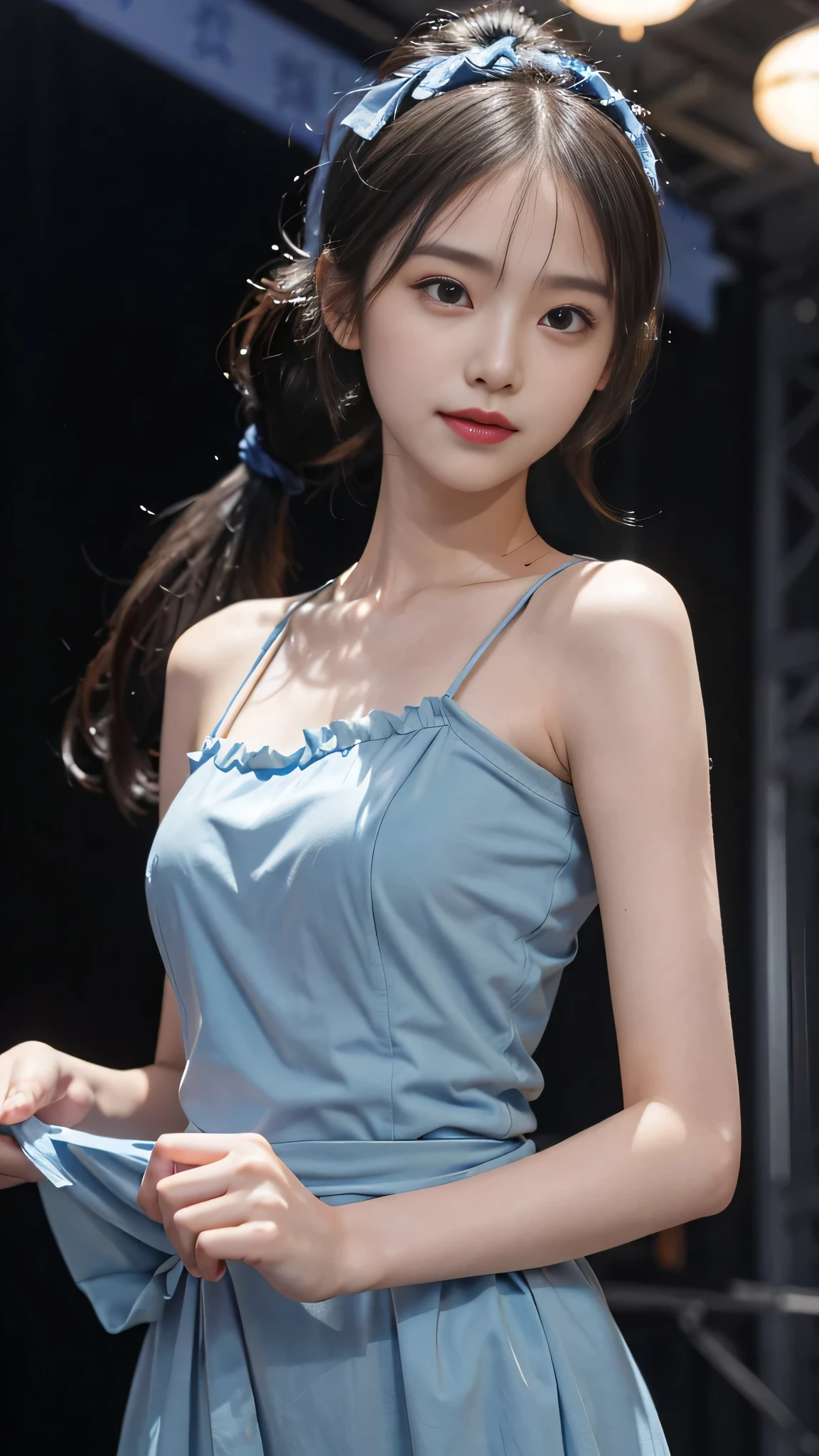 Close up face,standing on stage,Blue colored long dress with lots of ruffles,One woman,masutepiece, The highest image quality, High quality, the background is clear,Beautiful woman, Japanese, Detailed, Detailed eyes, Detailed skin, Beautiful skin, 超hight resolution, (reality: 1.4),Very beautiful woman, Slightly younger face, Beautiful skin, slender, (Ultra photo realsisim), (hight resolution), (8K), (Very detailed) (beautifully detailed eyes), (super detailed), (Detailed face), view the viewer, Fine details, Detailed face, Staring straight ahead, Staring straight ahead, photos realistic, Bright lighting, Professional Lighting, Black hair,poneyTail,a baby face,fifteen years old,Hairstyle: ponytail,Long ponytail hairstyle,slight smile,neat and tidy clothing,Beautiful Japanese KPOP idol photo, hair style is ponytail, my eyes are double and wide, baby face, smile and look straight ahead, slender, small breasts,Blue ribbon on head,Close up face,