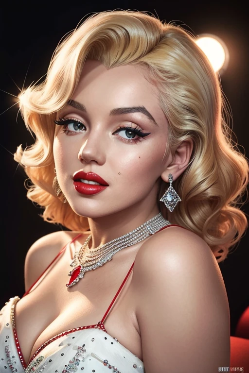 best quality,ultra-detailed(portraits:1.2),(realistic:1.37),colorful lighting,modern Marilyn Monroe,glamorous,iconic blonde,red lips,long curly hair,sparkling diamond necklace,pin-up style dress,confident stance,red carpet,celebrity status,black and white photography,retro vibes,vibrant colors