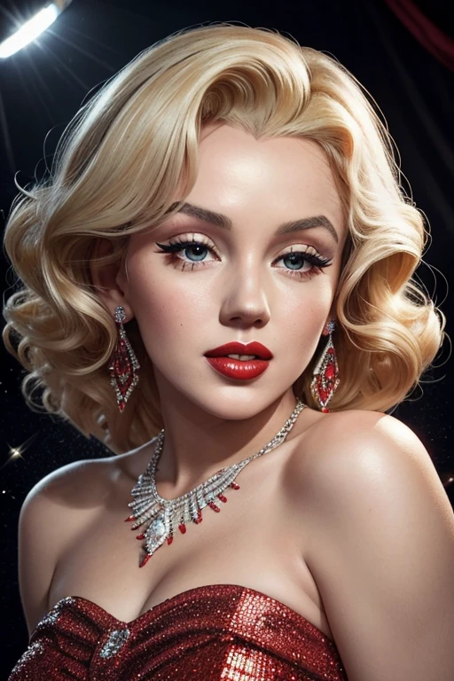 best quality,ultra-detailed(portraits:1.2),(realistic:1.37),colorful lighting,modern Marilyn Monroe,glamorous,iconic blonde,red lips,long curly hair,sparkling diamond necklace,pin-up style dress,confident stance,red carpet,celebrity status,black and white photography,retro vibes,vibrant colors