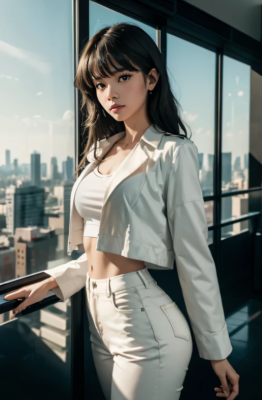 ((Best quality, 8k, Masterpiece: 1.3)), Whole body of a beautiful woman with a perfect figure :1.4, shown in sharp focus :1.2. Her slender stomach :1.2 is accentuated by the way the light falls on her body. Her dark brown hair :1.2 cascades down her shoulders, framing her face. She wears an Office Wear outfit, a white t-shirt tucked into a pair of black trousers, and an OL uniform jacket. The rift revealed in the background reveals a modern cityscape :1.1, with a night city view and a balcony extending from the glass facade of a tall building.
