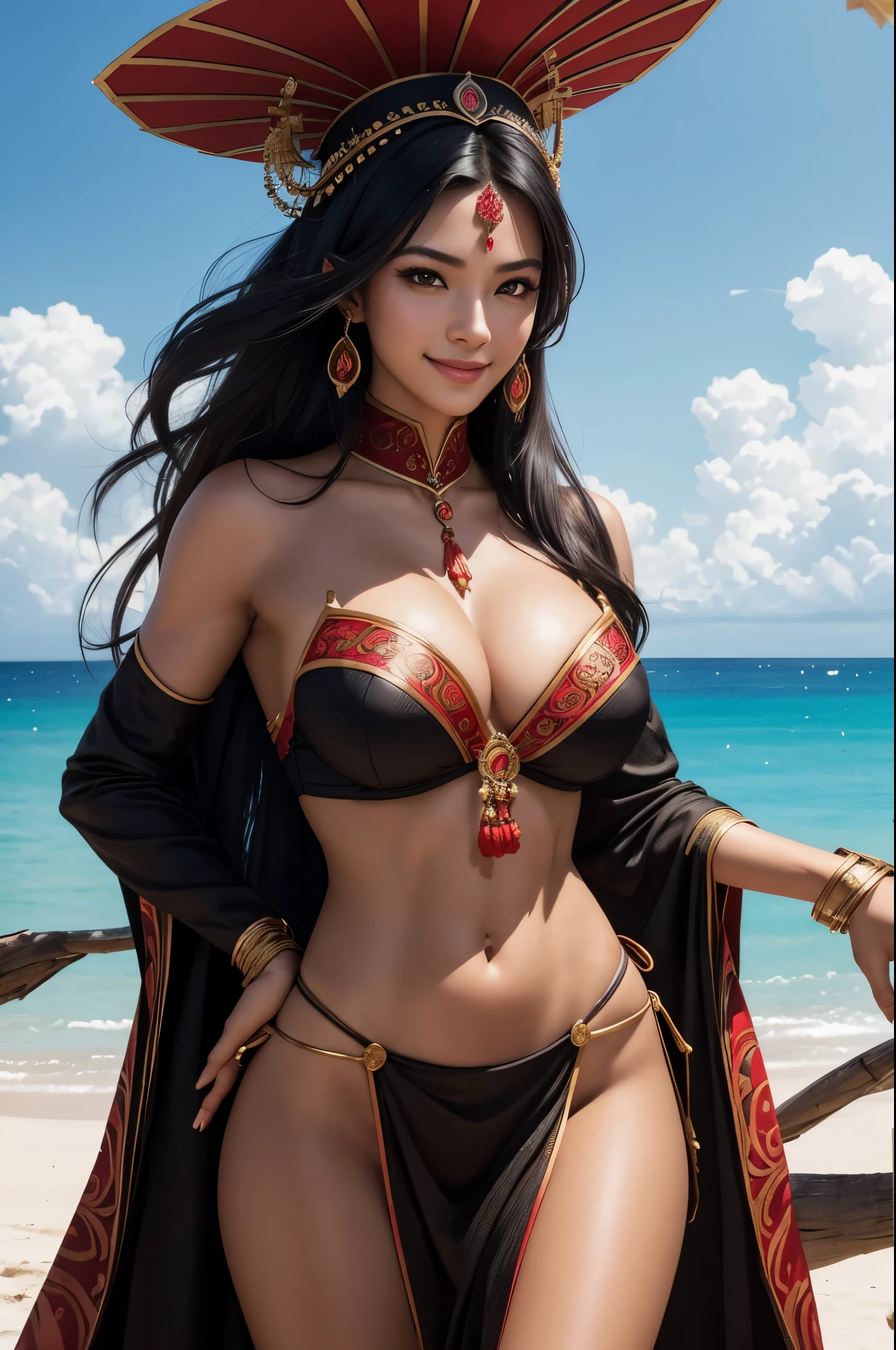 8k,exotic attractive woman,so beautiful(Like the real thing),Black and red national costume,Beautiful expression,smile,masterpiece,Photorealistic RAW photos of the highest quality。Bright colors,Rich colors, Backlight, Cinema Lighting, Film Grain, to be born, 50mm lens, Nikon D850,Ultra-Realistic Skin,Fantasy art,Character Art,Ultra-high resolution,Realistic scale skins,Perfect hand shape,View your viewers,smile,Beautiful expression,close,Muscular and slim body,compensate,sexy,Dynamic pose,close,Accentuate your cleavage,whole body,Sunburned skin,Tropical Beauty,