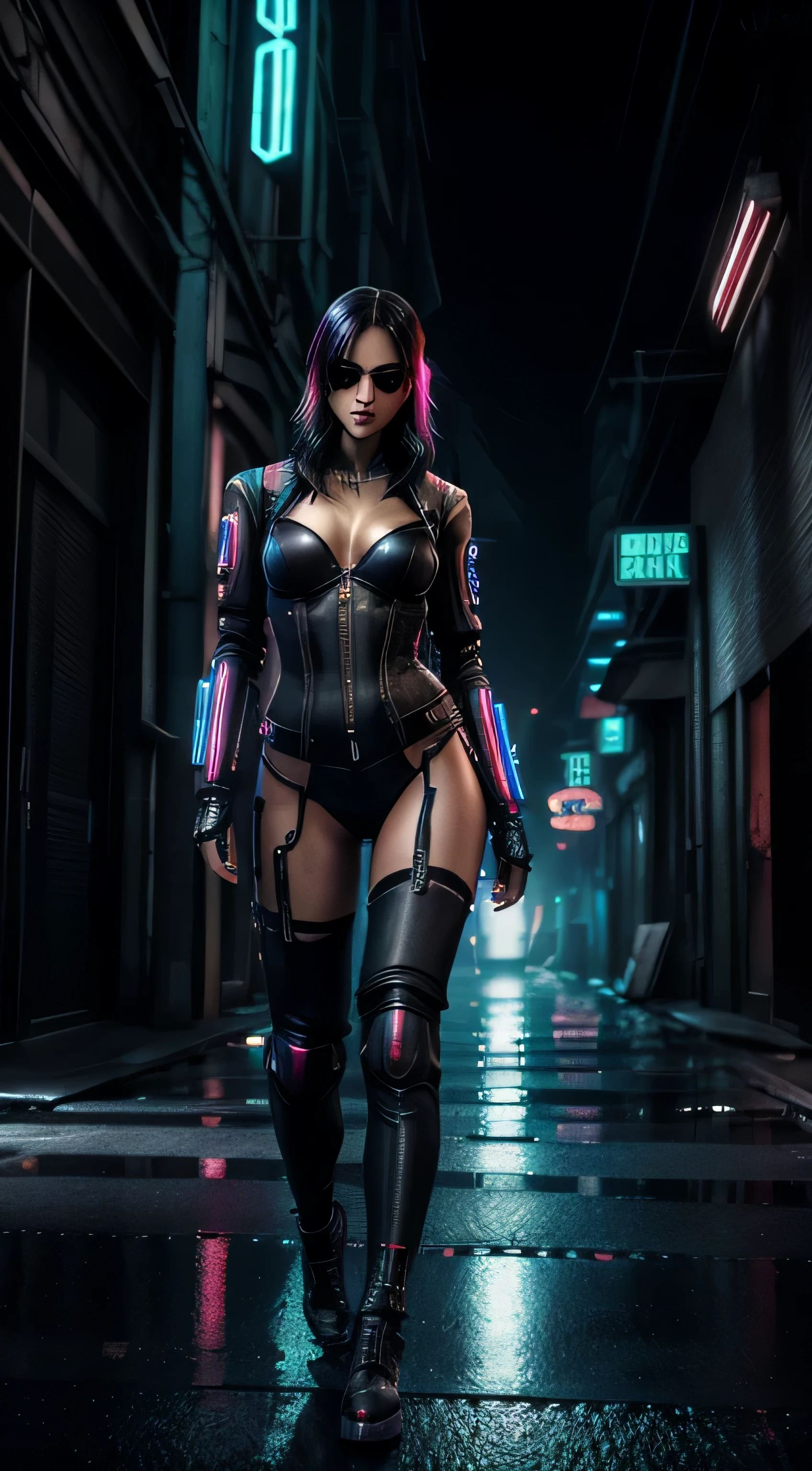 portrait,female,Thigh gap long sexy legs wearing g string,lingerie, assassin,cyberpunk,dystopian,futuristic,sharp features,expressive eyes,red neon lighting,edgy hairstyle,mysterious aura,leather outfit,advanced technology,glowing cybernetic enhancements,powerful stance,smoke-filled background,grim expression,dangerous weapon,cityscape,street-level view,nighttime,high contrast,urban environment,technological implants,dark alleyway,neon signs,reflection in rain-soaked pavement,meticulous detailing,best quality,highres,photorealistic,concept art,vivid colors,dynamic pose,human-machine hybrid,cyberpunk fashion,enhanced senses