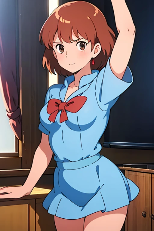 (masterpiece, highest quality, High resolution, Anime screenshots, Anime Color, 8k, Realistic), Nausicaa, very cute, Girl, , alone, Brown Hair, short hair, Red Gem Earrings, Excitement, Shining eyes, (Looking at the audience), Perfect body, Cleavage, (High School Girl Uniform, mini skirt), Perfect beauty, School classroom, (Perfectly detailed anatomy, Beautiful and elaborate face&eye:1.5, Shiny skin, Perfect body)、I want to see the whole body