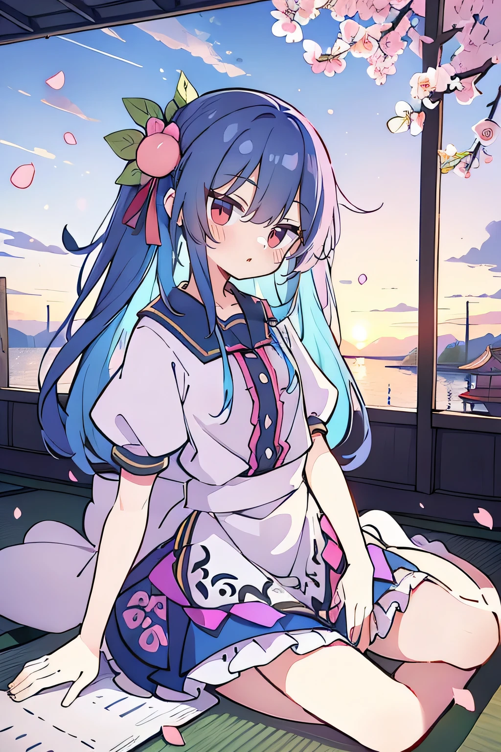 (best quality, masterpiece:1.2), expressive eyes, perfect face, 1 girl, hands on waist, beautiful, gorgeous, Japanese animation, Lola, Hinamori Angel, blue hair, floating clothes, waist grab, waist grab, hands on hips, sitting, sitting on the ground, legs on the ground, flat-chested, falling petals, sitting in a pavilion, pavilion,sunrise,Petals fall,