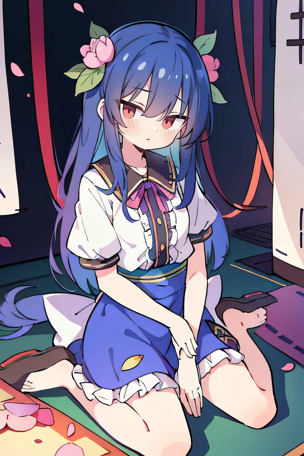 (best quality, masterpiece:1.2), expressive eyes, perfect face, 1 girl, hands on waist, beautiful, gorgeous, Japanese animation, Lola, Hinamori Angel, blue hair, floating clothes, waist grab, waist grab, hands on hips, sitting, sitting on the ground, legs on the ground, flat-chested, falling petals, sitting in a pavilion, pavilion,sunrise,Petals fall,