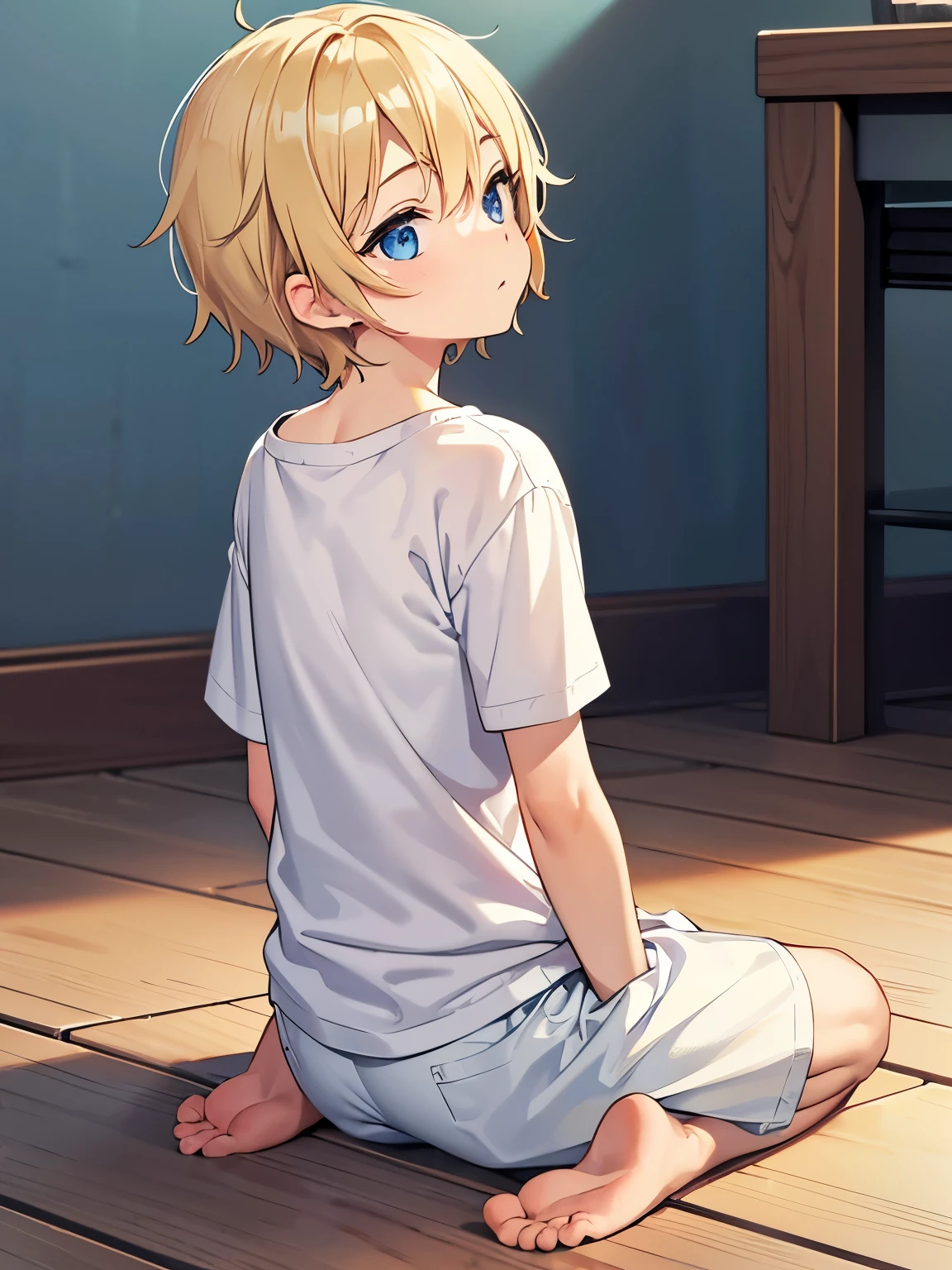 Baby boy,guy,5 years old,Sitting, facing backwards, looking away, photo from behind, camera angle from behind,,Short blonde hair,blue eyes,messy hair, wearing White t-shirt,plain t-shirt,white shorts, Plain t-shirt,Sitting in prison,half body photo