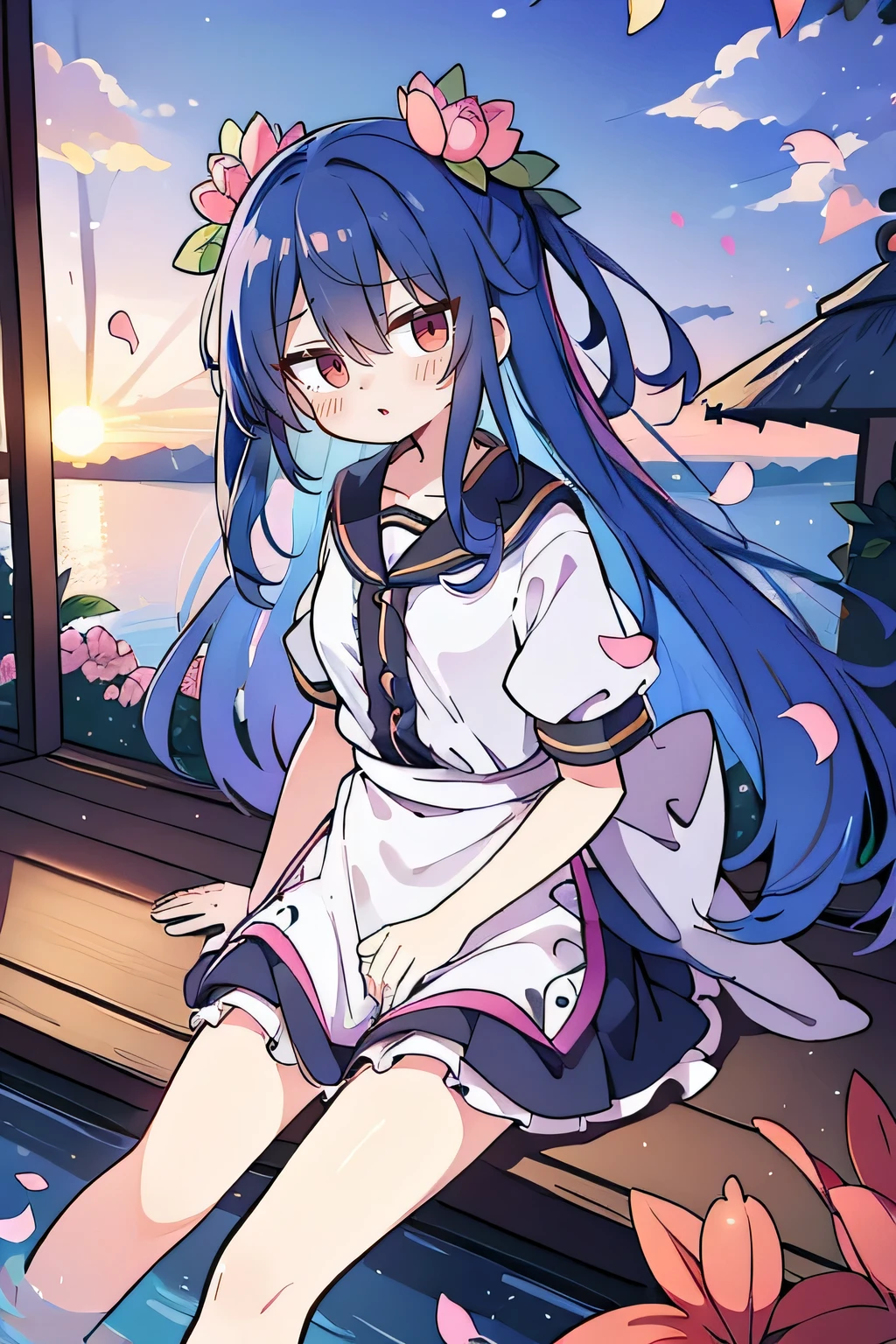 (best quality, masterpiece:1.2), expressive eyes, perfect face, 1 girl, hands on waist, beautiful, gorgeous, Japanese animation, Lola, Hinamori Angel, blue hair, floating clothes, waist grab, waist grab, hands on hips, sitting, sitting on the ground, legs on the ground, flat-chested, falling petals, sitting in a pavilion, pavilion,sunrise,Petals fall,