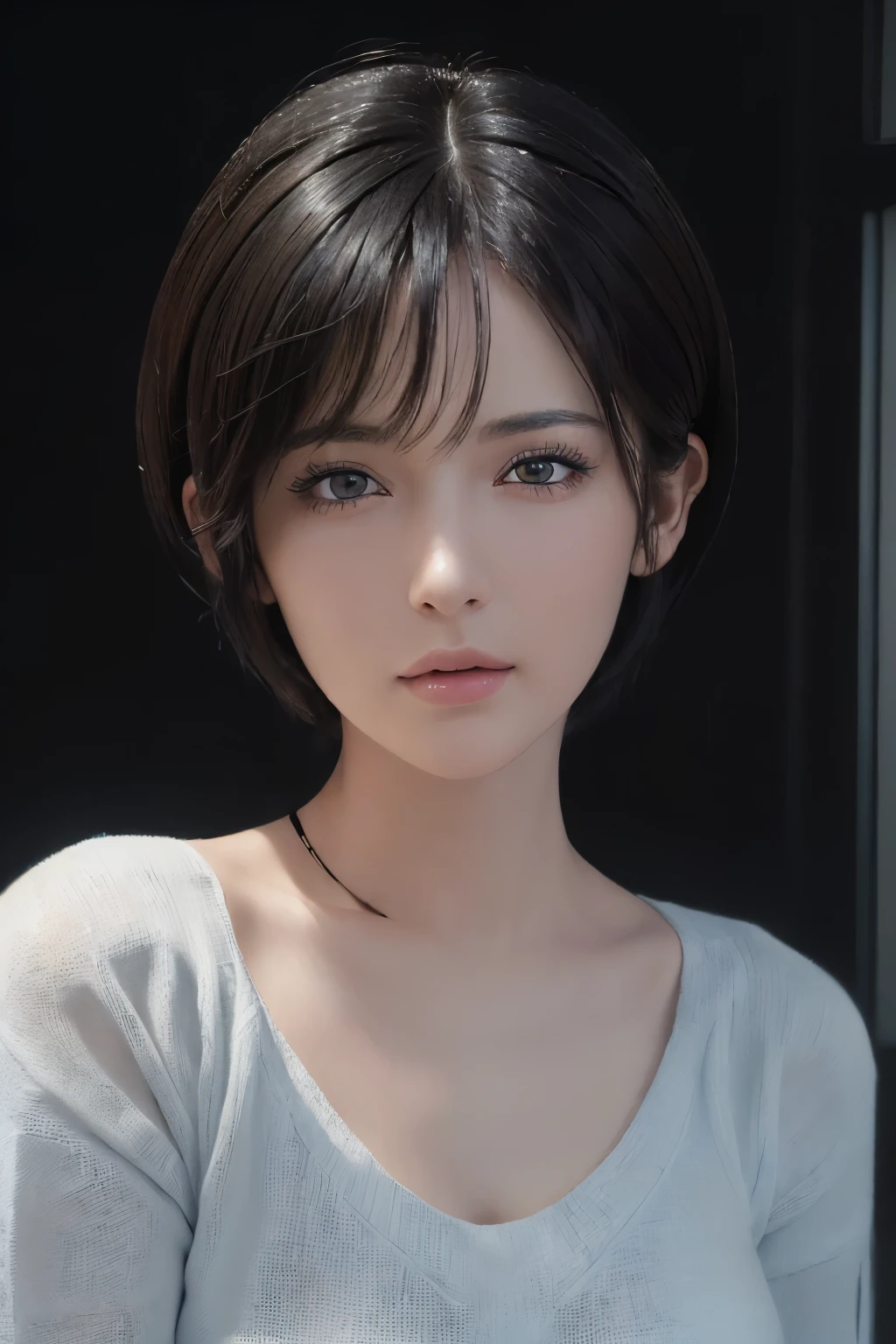 (masterpiece:1.3), (8k, photorealistic, RAW photo, best quality: 1.4), (1girl), beautiful face, (realistic face), (black hair, short hair:1.3), beautiful hairstyle, realistic eyes, beautiful detailed eyes, (realistic skin), beautiful skin, (sweater), absurdres, attractive, ultra high res, ultra realistic, highly detailed, golden ratio