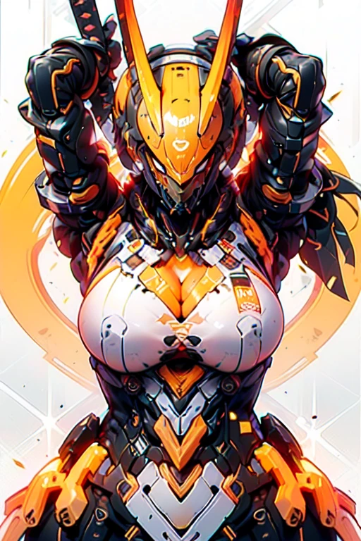 Mecha_daughter, 1 Girl, long_hair, (Sagging breasts、Cleavage, cleveage、Thick thighs)), Perfect body_novel, arms, sword, Keep_sword, orange_Eye, Solitary, hat, Keep_arms, Mecha, permanent